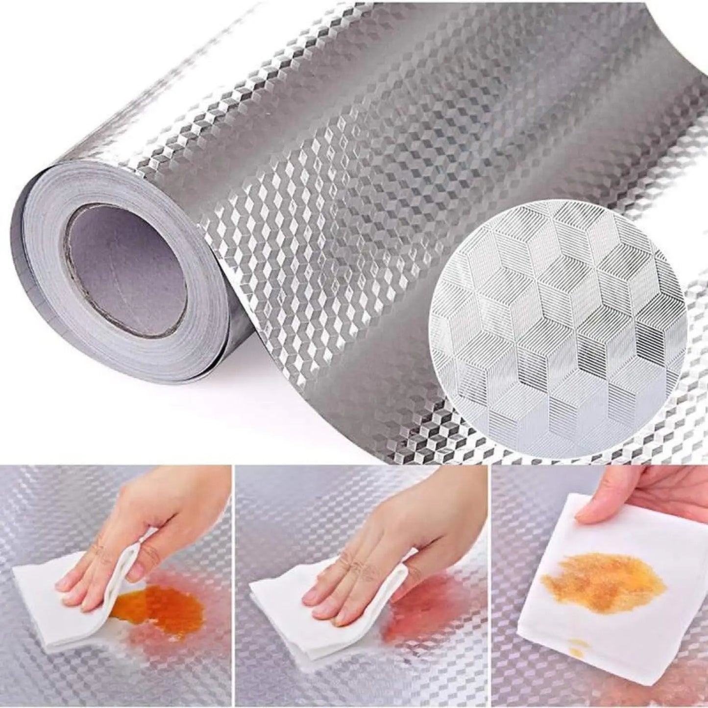Kitchen Wallpaper Oil Proof Sticker Aluminum Foil Backsplash Self-Adhesive Contact Paper Cabinet Liner Waterproof Heat Resistant Peel Stick Wallpaper 15.7X118 Inches Cube Texture Silver Non-Woven