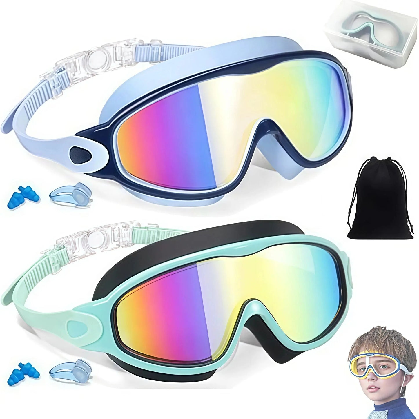 Kids Swim Goggles for Boys Girls, UV Protection Anti-Fog Waterproof Swimming Glasses with Nose Clips & Earplugs