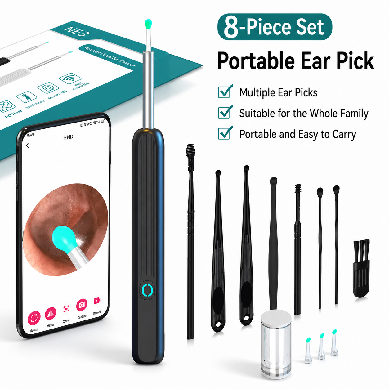 720P HD EarWax Removal Tool with Camera 6 Ear Spoons Set Rechargeable USB Battery Dual Power Safe Ear Care Gentle with WiFi Ear Cleaning summerwins