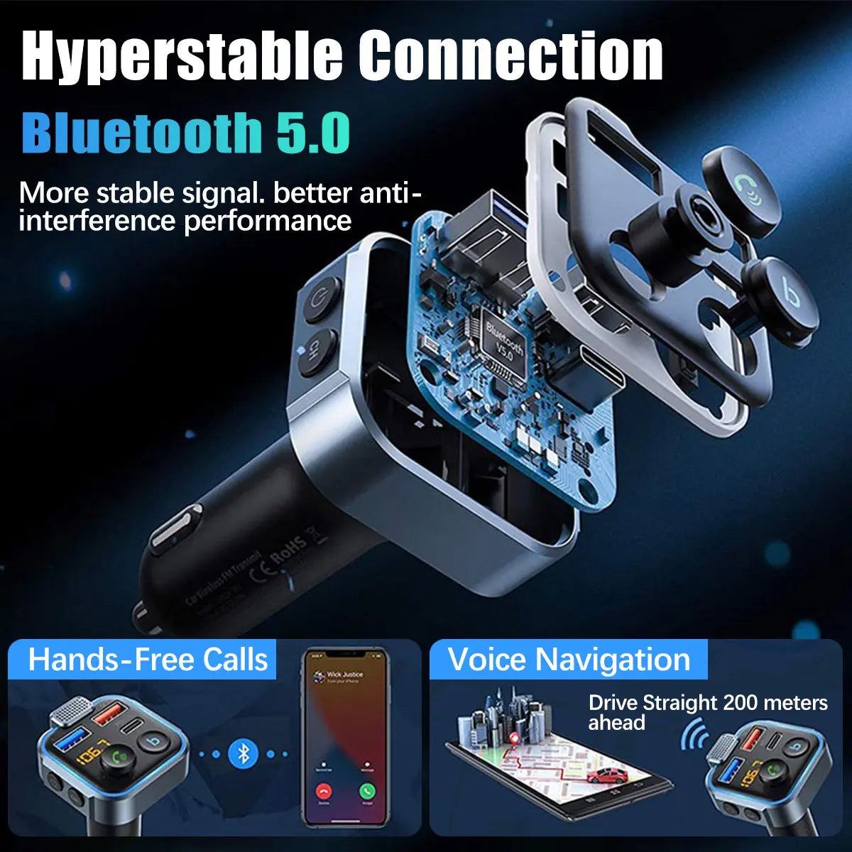 【Father's Day Gift】Bluetooth 5.0 FM Transmitter – Dual USB Fast Car Charger & Hands-Free Calling