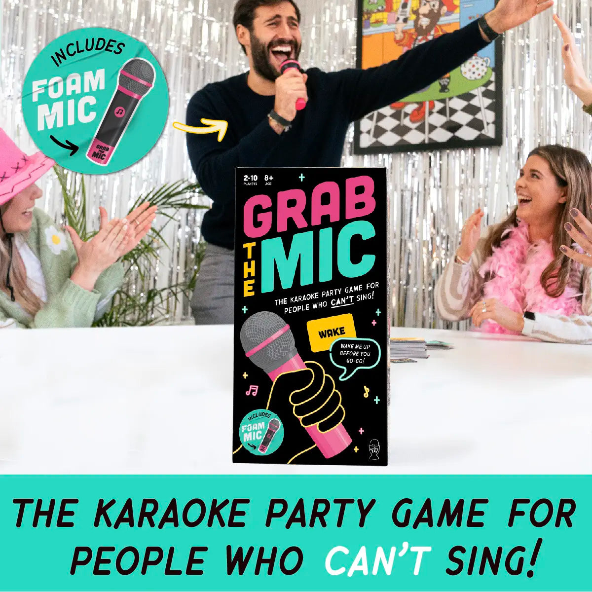Grab The Mic Karaoke Party Game – Foam Microphone & 125 Cards Board Set