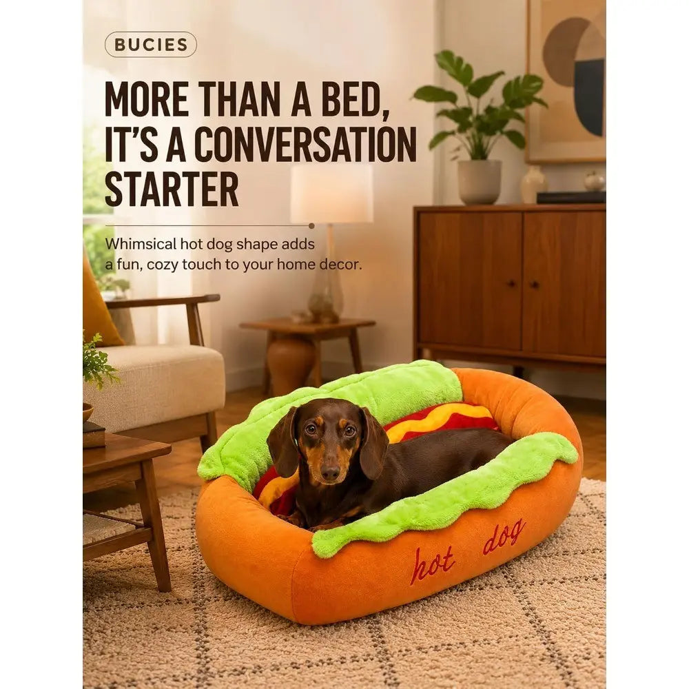 Hot Dog Pet Bed – Soft Plush Washable Dog & Cat Bed for Small Pets (S–L)
