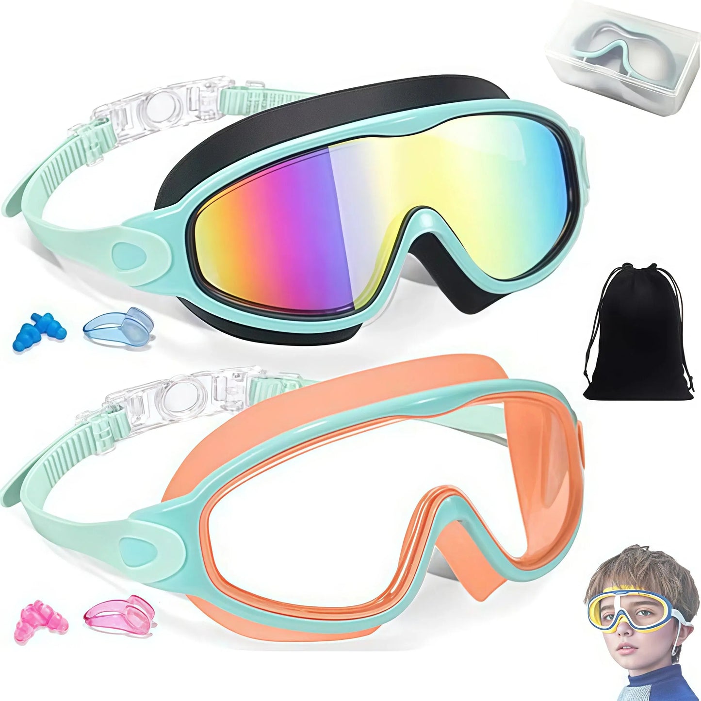 Kids Swim Goggles for Boys Girls, UV Protection Anti-Fog Waterproof Swimming Glasses with Nose Clips & Earplugs