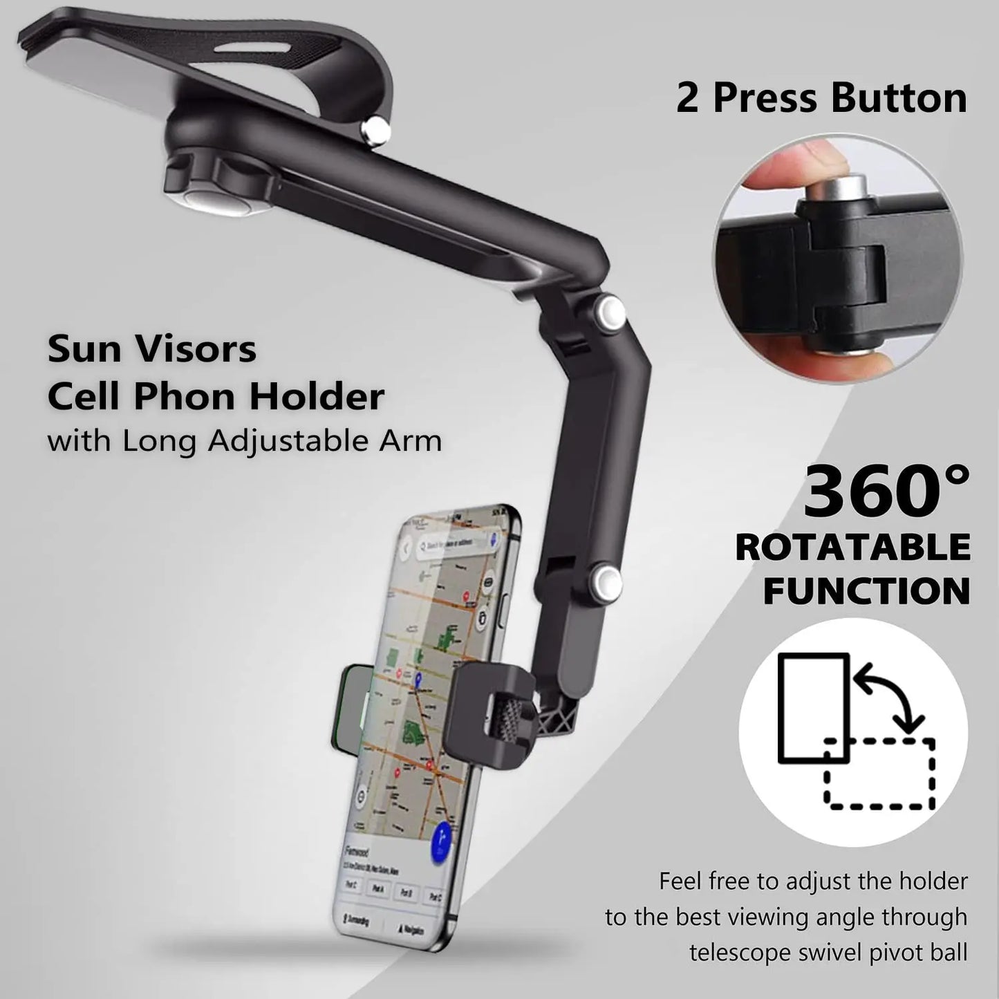 1080° Rotating Car Phone Mount – Adjustable Sun Visor & Dashboard Phone Holder