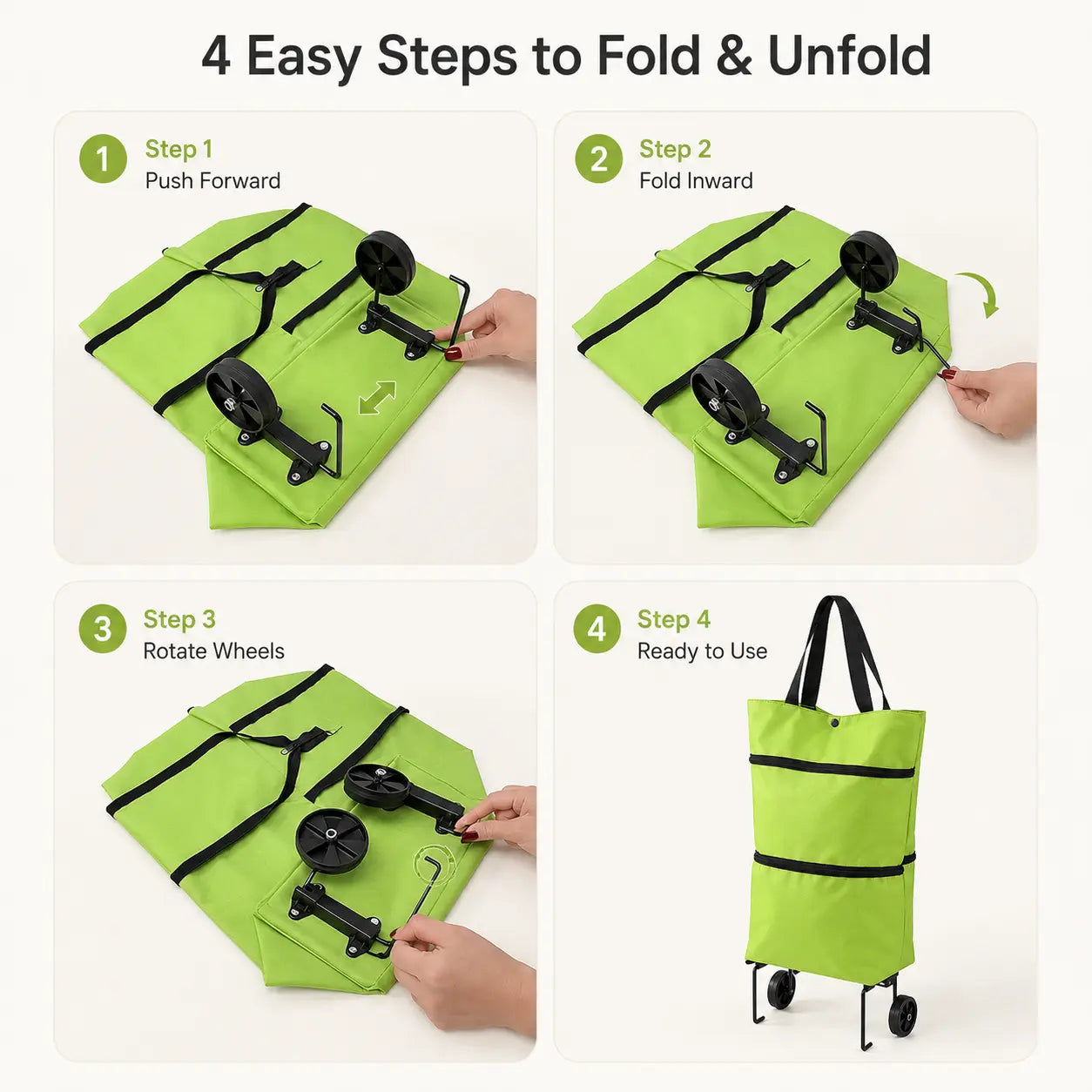 Foldable Shopping Trolley Bag with Wheels, Reusable Rolling Grocery Tote for Supermarket, Travel & Laundry