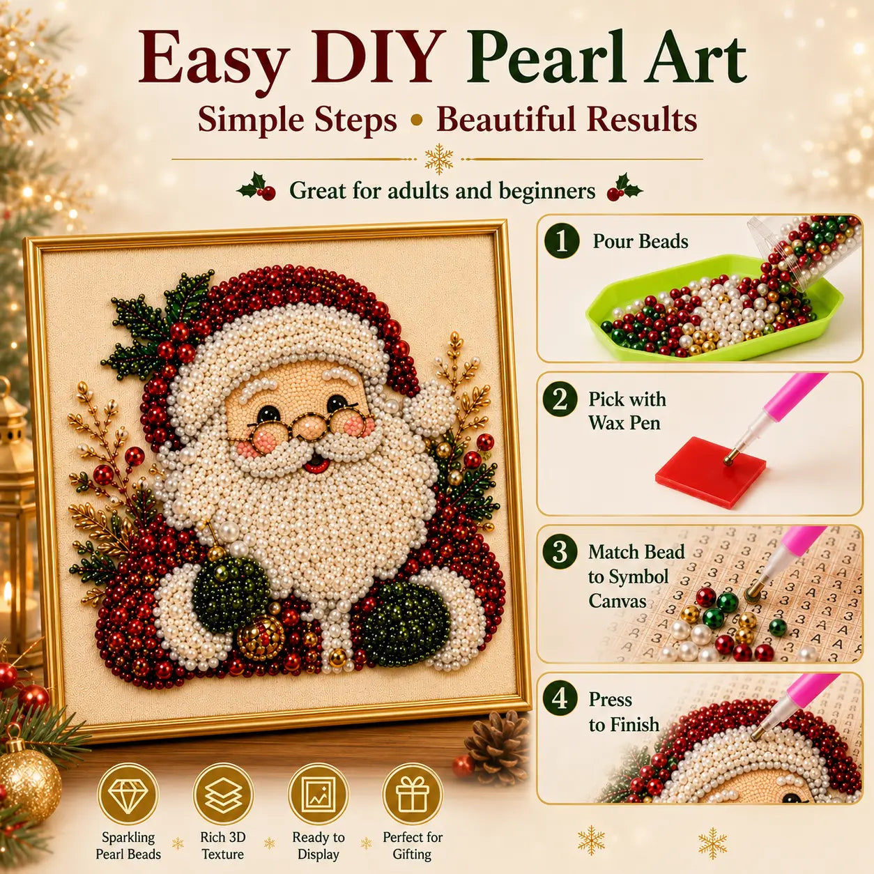 3D Beaded Christmas Pearl Diamond Painting – Xmas Wreath Stocking DIY Wall Decor