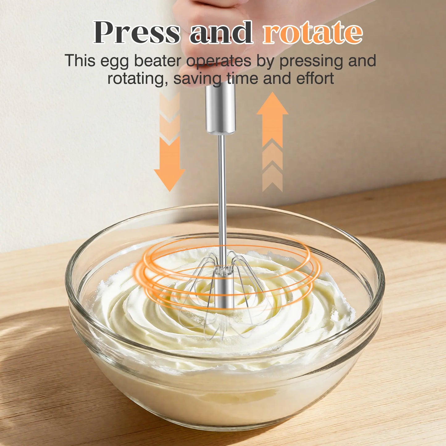 QQ Stainless Steel Semi-Automatic Hand-Push Whisk, Rotary Egg Beater for Coffee and Cooking