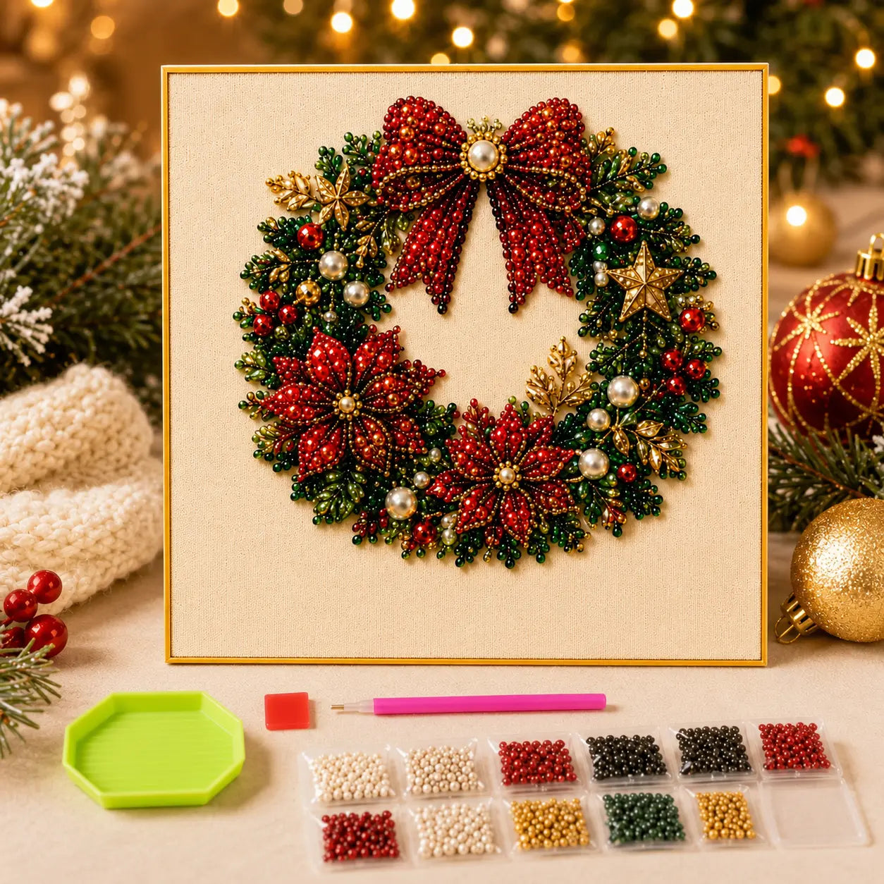 3D Beaded Christmas Pearl Diamond Painting – Xmas Wreath Stocking DIY Wall Decor