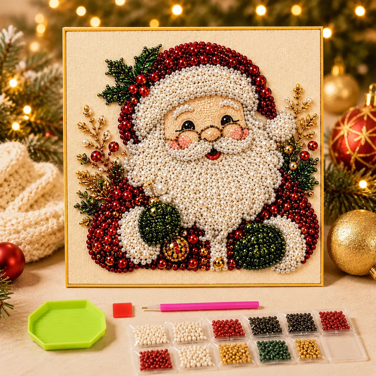 3D Beaded Christmas Pearl Diamond Painting – Xmas Wreath Stocking DIY Wall Decor