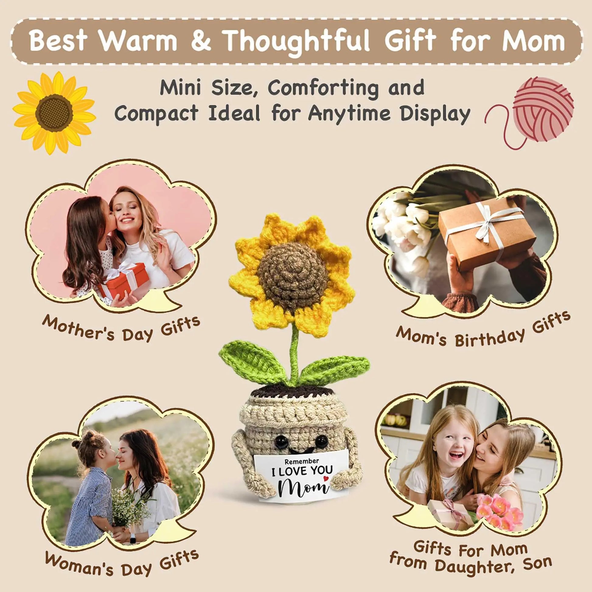 Remember I Love You MOM, Handmade Crochet Cute Small Sunflower Gifts, Mothers Day Birthday Gift for Mom
