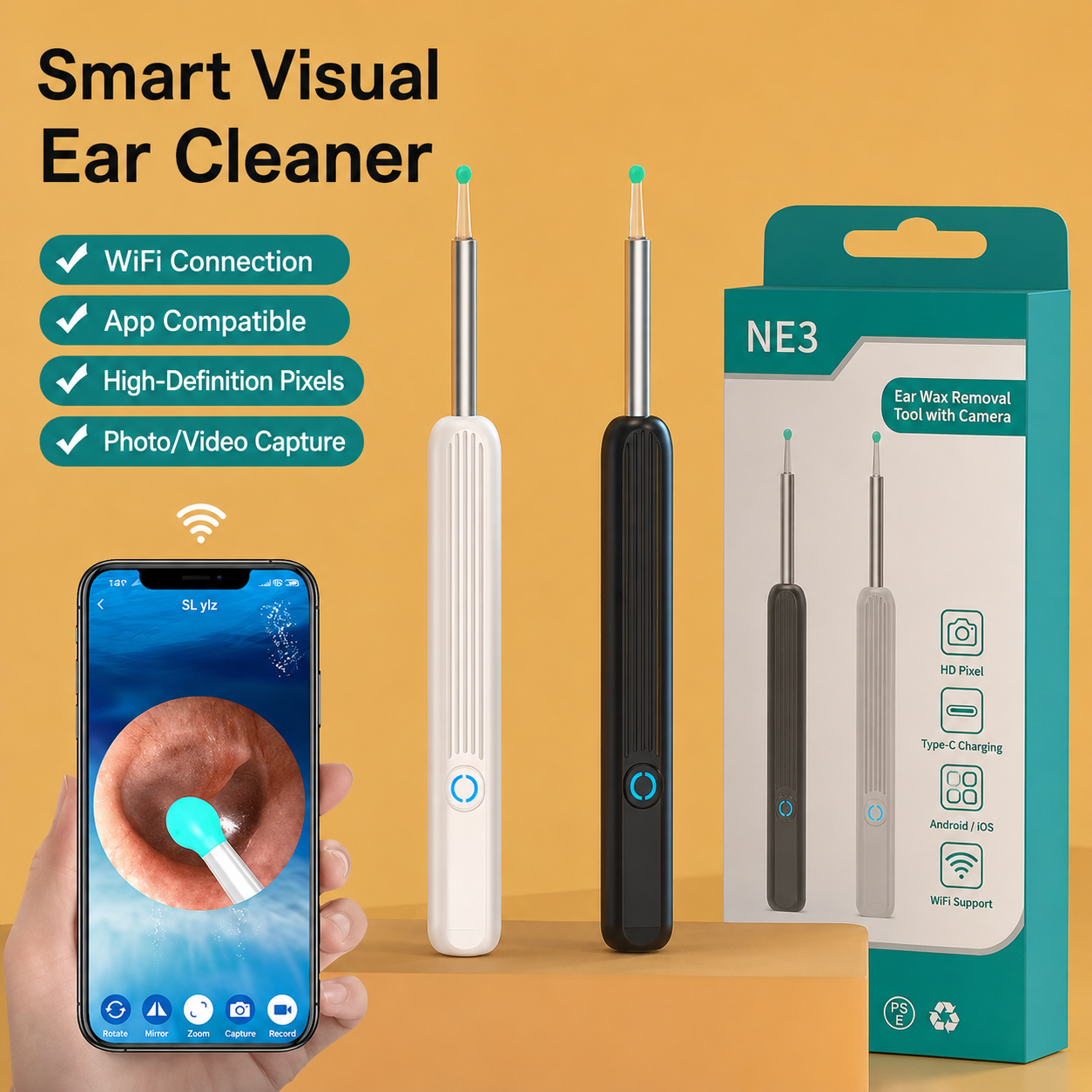 720P HD EarWax Removal Tool with Camera 6 Ear Spoons Set Rechargeable USB Battery Dual Power Safe Ear Care Gentle with WiFi Ear Cleaning summerwins