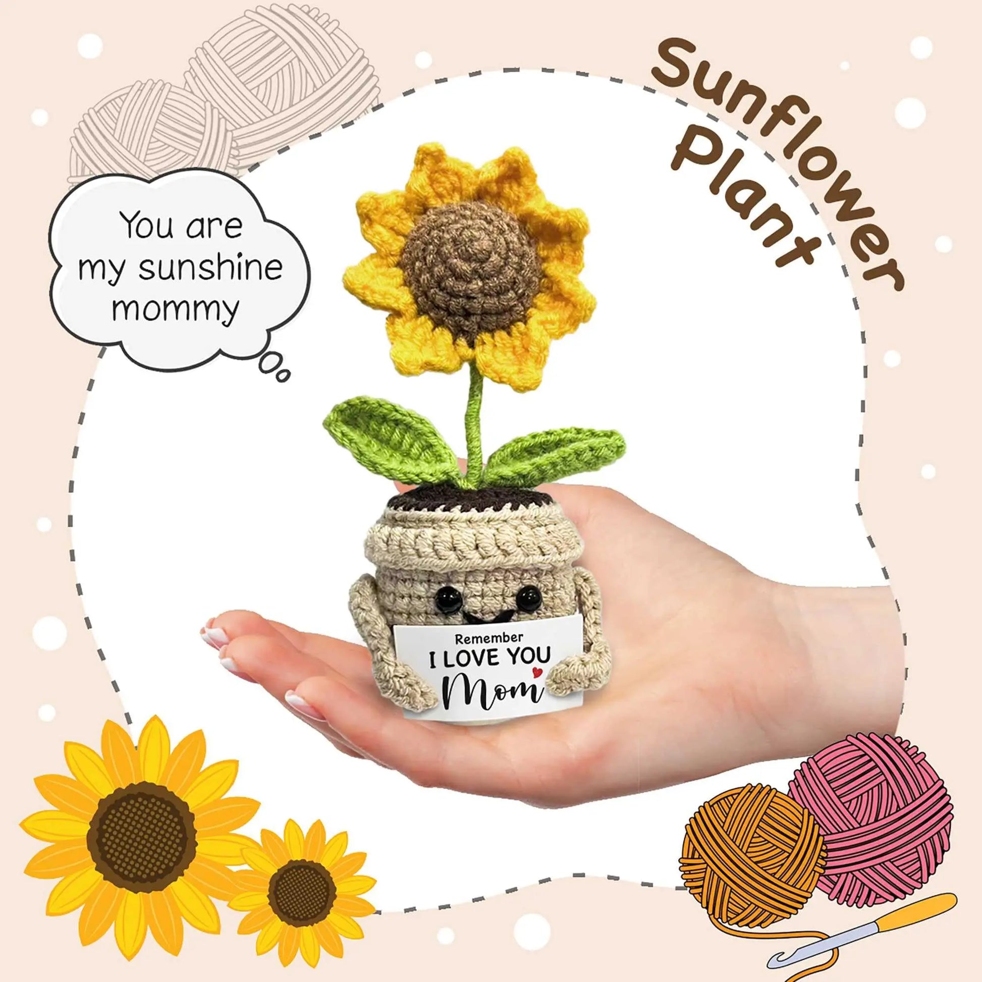 Remember I Love You MOM, Handmade Crochet Cute Small Sunflower Gifts, Mothers Day Birthday Gift for Mom
