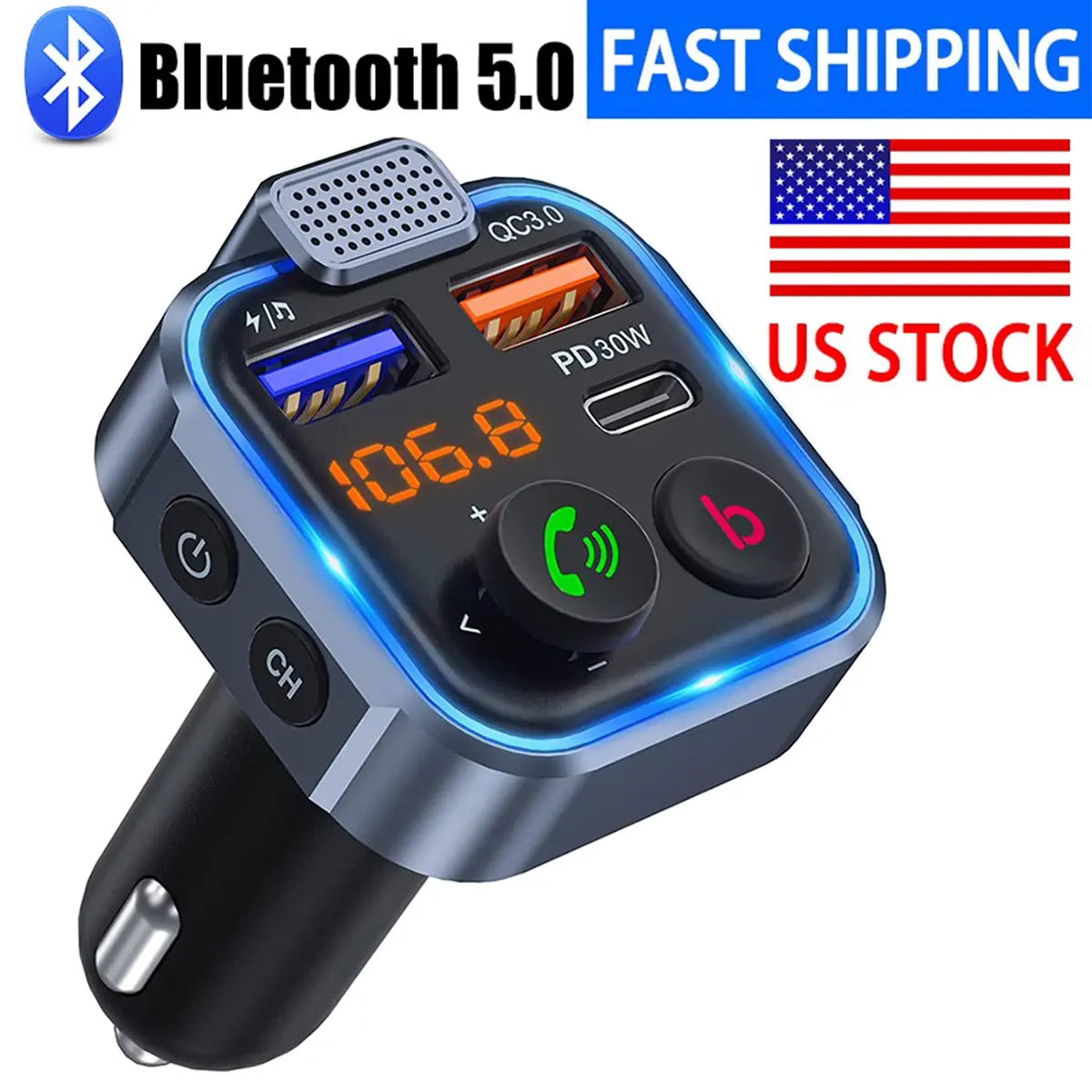 【Father's Day Gift】Bluetooth 5.0 FM Transmitter – Dual USB Fast Car Charger & Hands-Free Calling