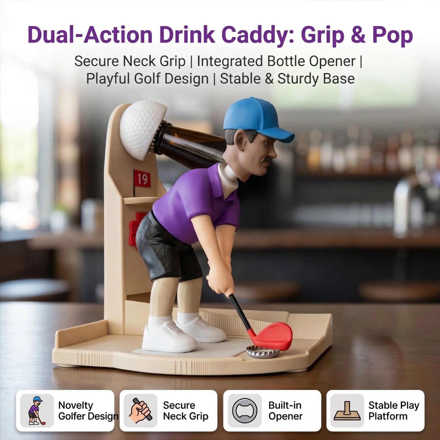 Golf Bottle Opener Caddy – Novelty Golfer Beer Holder & Built-In Cap Opener Gift for Men