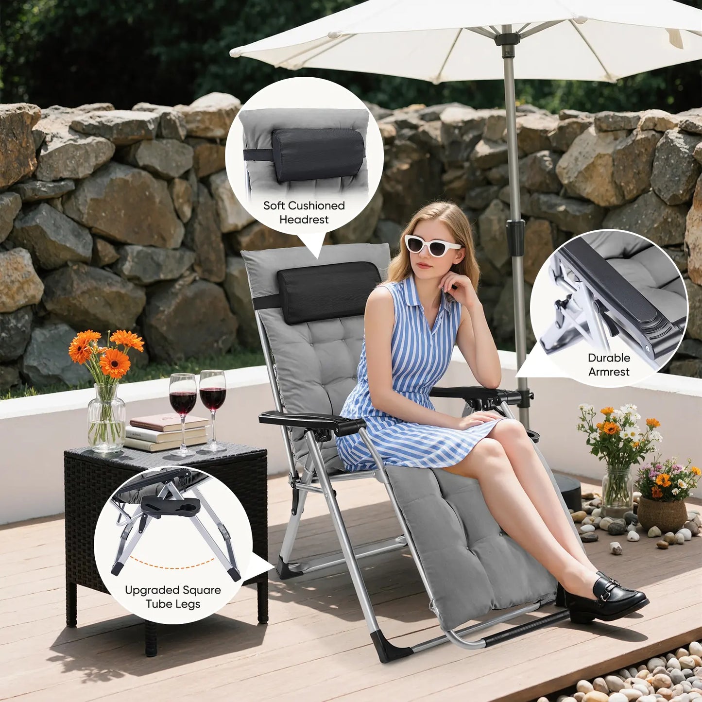 Sweetcrispy Foldable Patio Recliner Chair with Removable Cushion & Cup Holder | Indoor/Outdoor Garden Furniture Gift