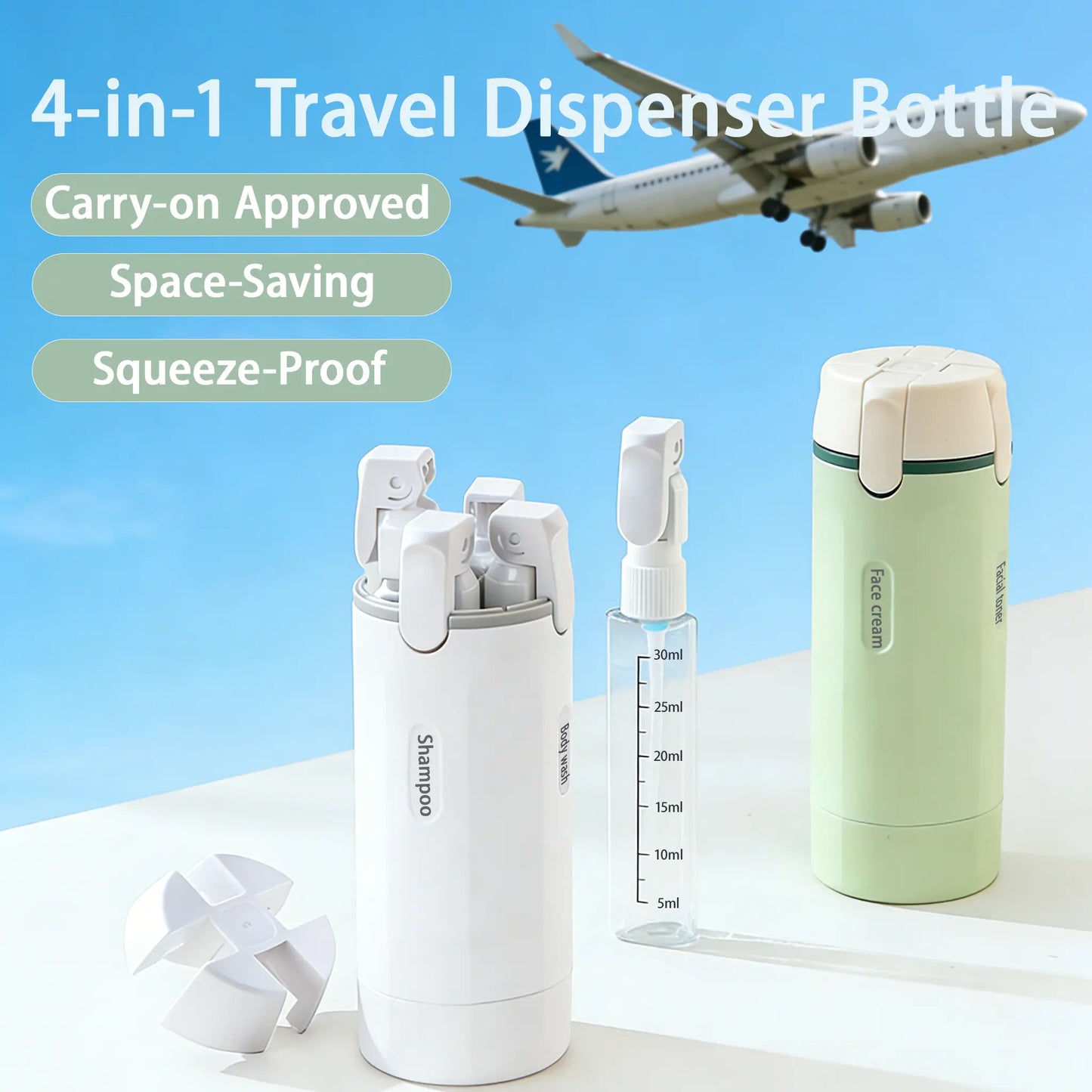 4-in-1 Travel Dispenser Bottle, Leak-Proof Refillable Silicone Squeeze Container with Lock, Compact and Lightweight Toiletry Organizer, Easy to Carry, Ideal for Business Trips, Vacations, and Frequent Travelers