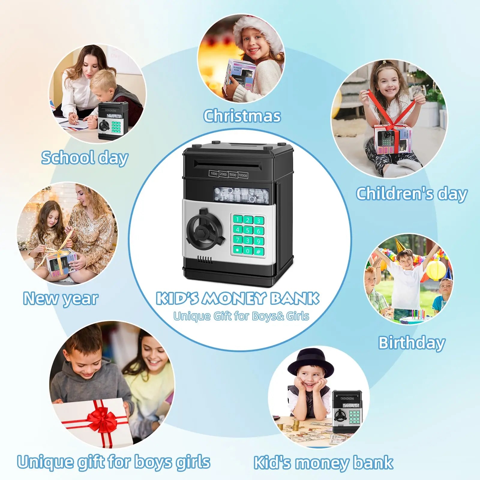 Piggy Bank for Boys Adults, Electronic ATM Coin Cash Bank with Password Code Lock and Auto Grab Bill Slot, Large Capacity Coin Bank Money Jar for Adults, Designed for All US Coins, Capacity 10000+