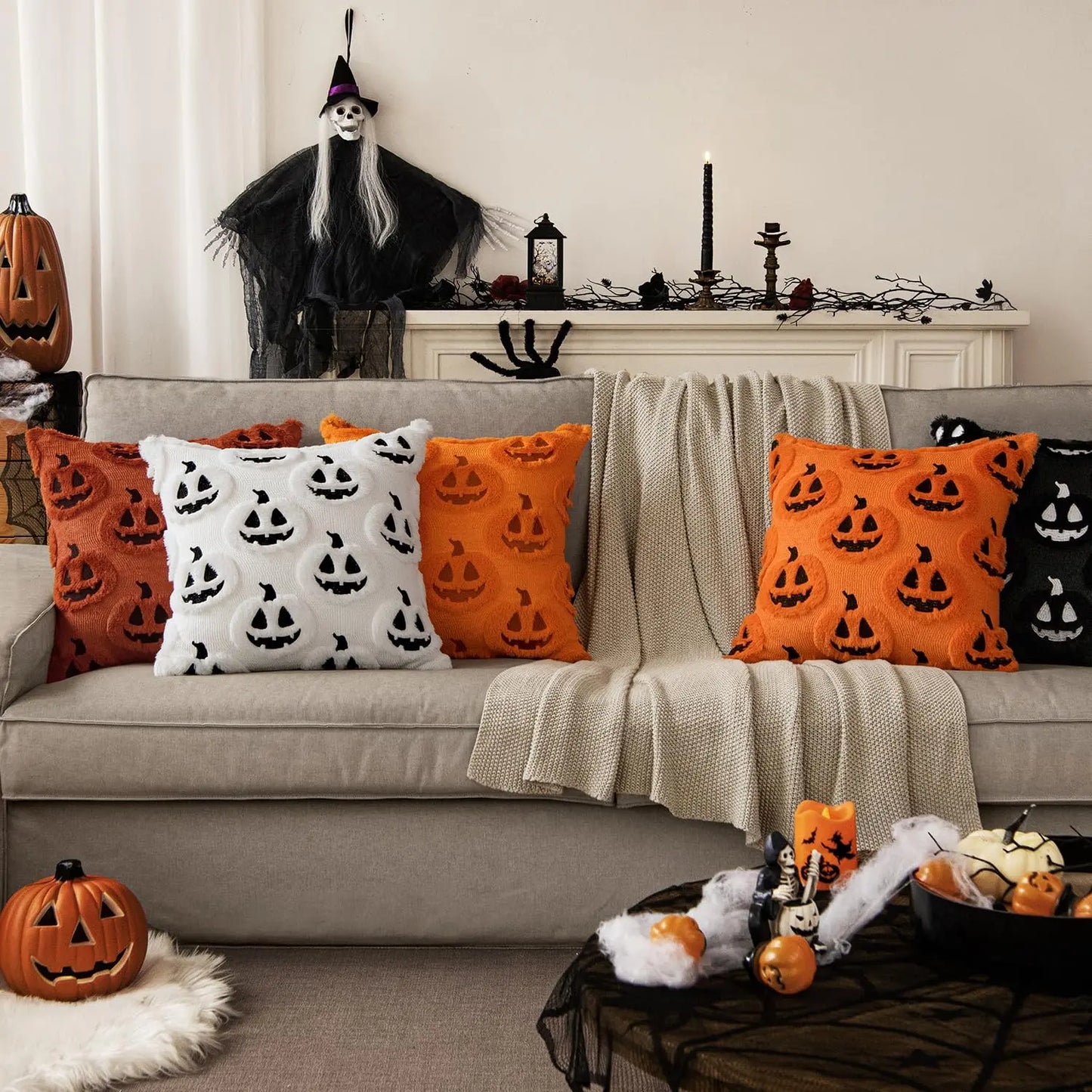 Embroidered Pumpkin Halloween Pillow Cover – Soft Faux Wool Farmhouse Decor