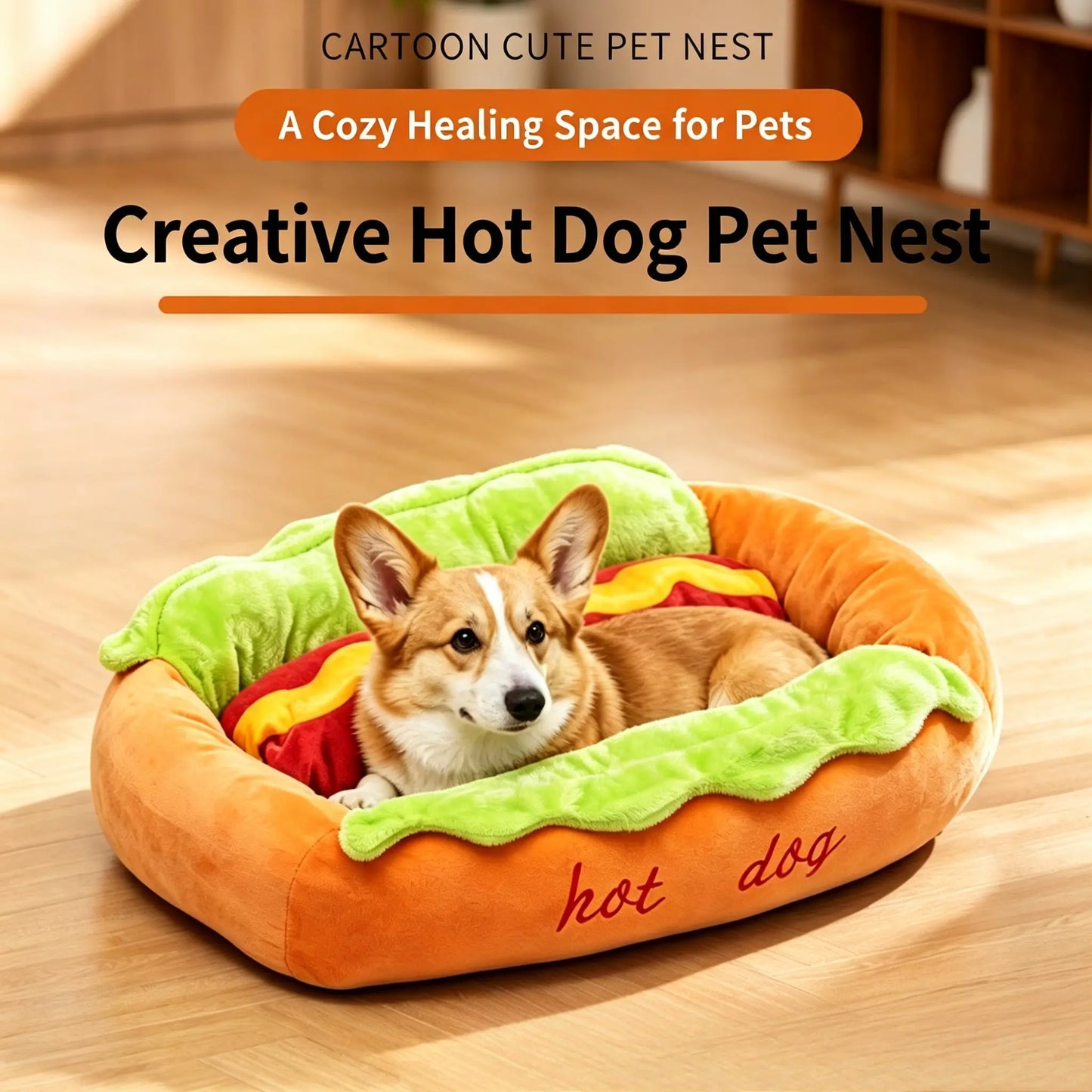 Hot Dog Pet Bed – Soft Plush Washable Dog & Cat Bed for Small Pets (S–L)