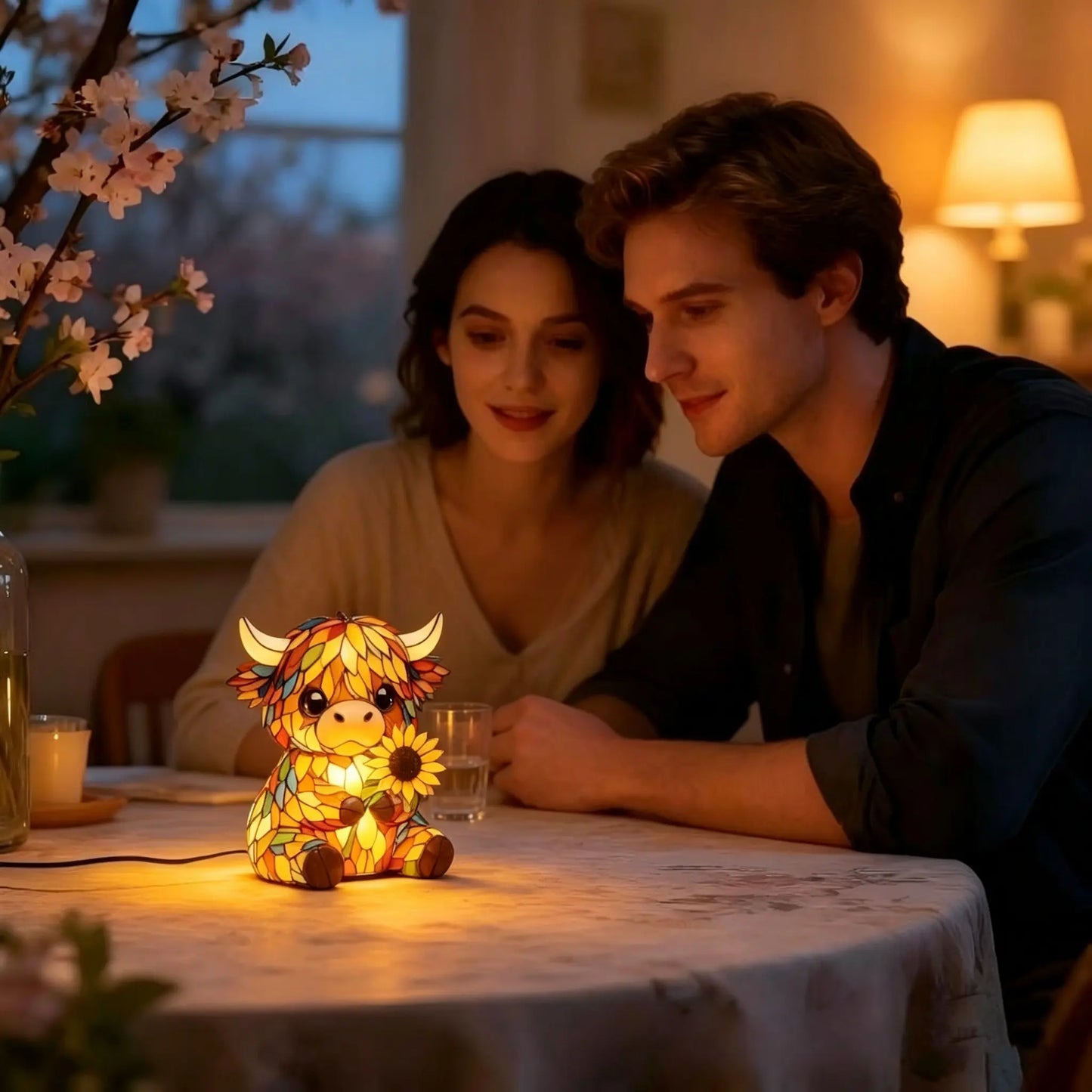 Highland Cow LED Night Light - Cute Resin Animal Figurine Table Lamp (USB)