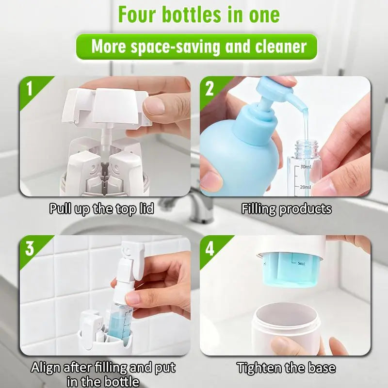 4-in-1 Travel Dispenser Bottle, Leak-Proof Refillable Silicone Squeeze Container with Lock, Compact and Lightweight Toiletry Organizer, Easy to Carry, Ideal for Business Trips, Vacations, and Frequent Travelers