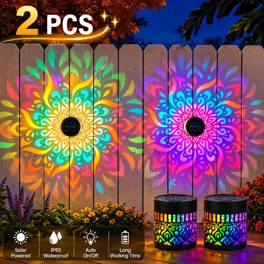 1/2-Pack Solar Mandala Wall Lights – Waterproof Metal Outdoor Decor, 7-Color Changing Projection Lights for Garden, Patio, Backyard, Courtyard, Fence & Post