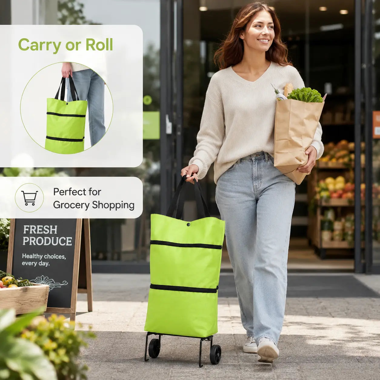 Foldable Shopping Trolley Bag with Wheels, Reusable Rolling Grocery Tote for Supermarket, Travel & Laundry