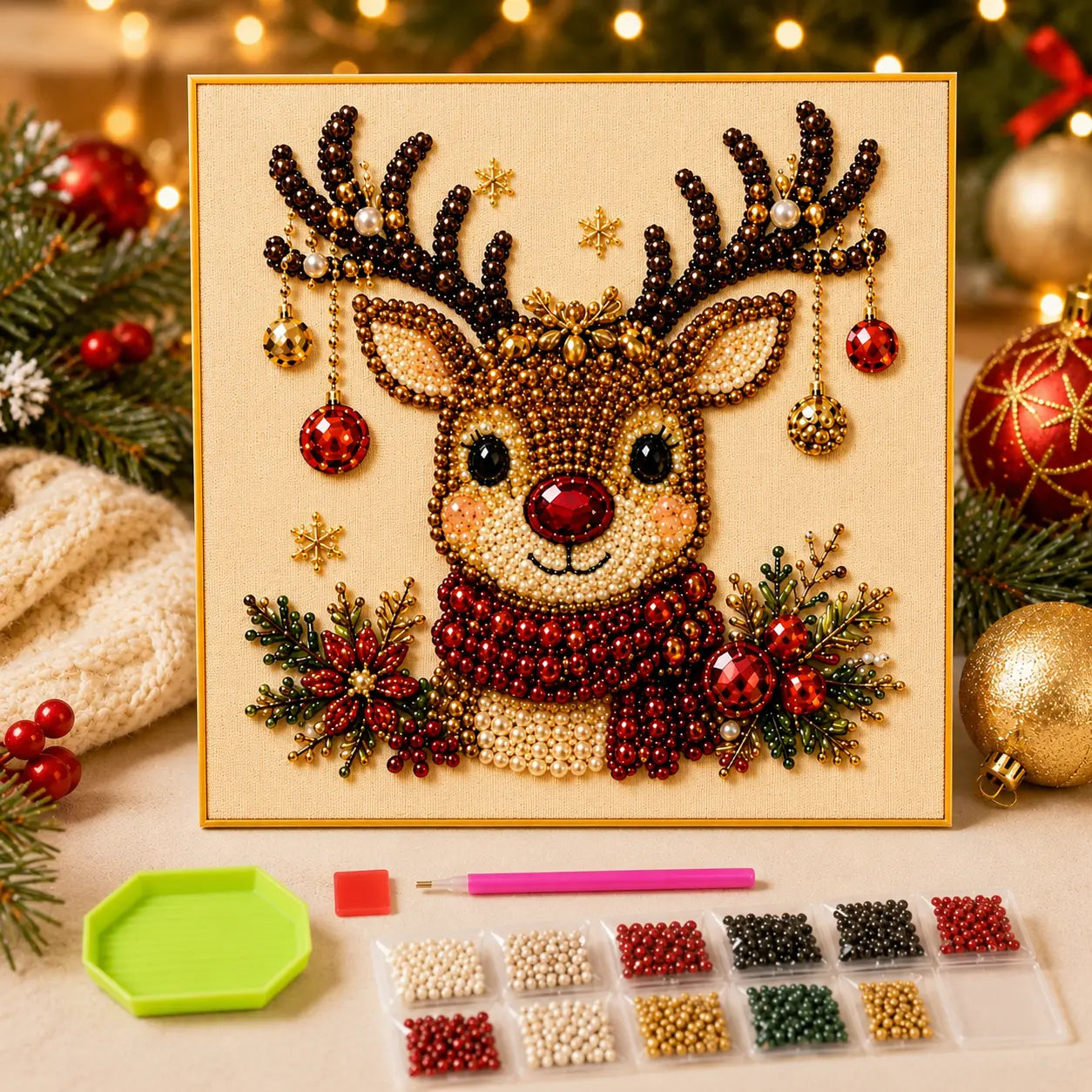3D Beaded Christmas Pearl Diamond Painting – Xmas Wreath Stocking DIY Wall Decor