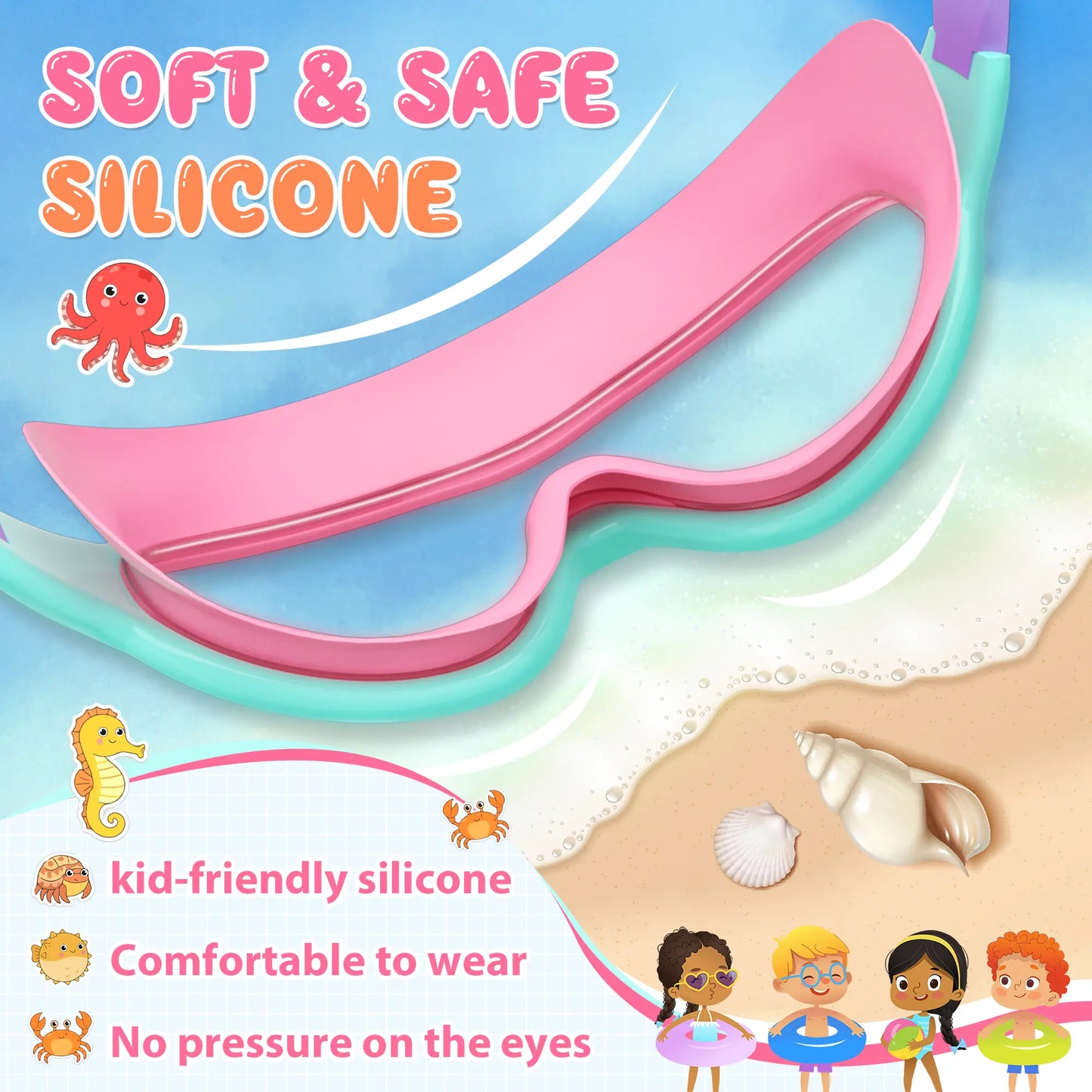 Kids Swim Goggles for Boys Girls, UV Protection Anti-Fog Waterproof Swimming Glasses with Nose Clips & Earplugs