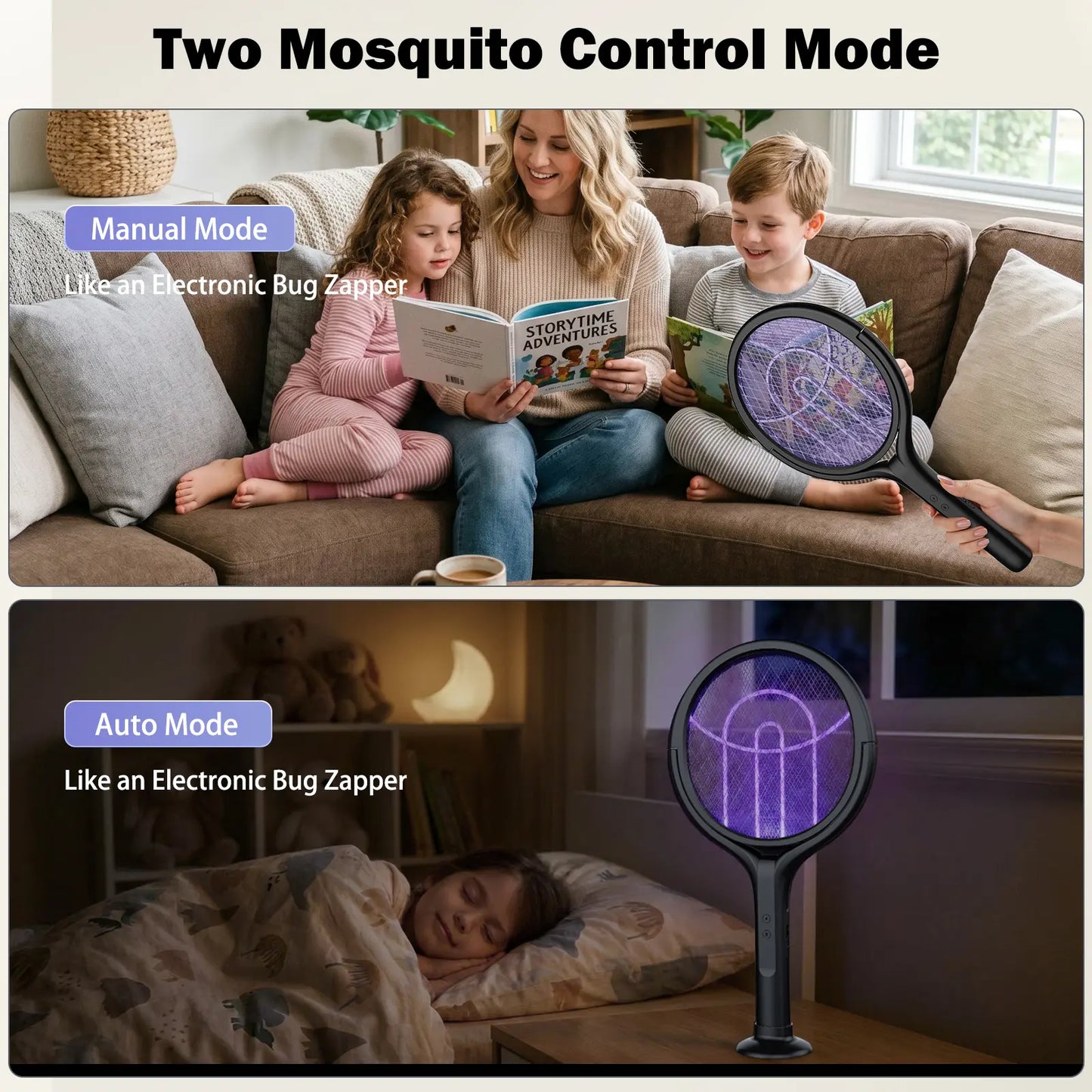 4000V Electric Fly Swatter with Extendable Rod & Bug Zapper Trap Lamp, USB Rechargeable, Safety Mesh