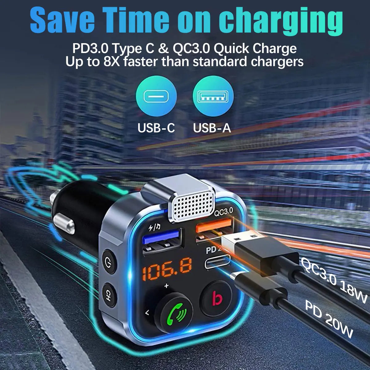 【Father's Day Gift】Bluetooth 5.0 FM Transmitter – Dual USB Fast Car Charger & Hands-Free Calling