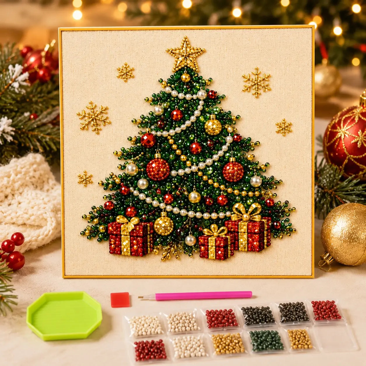 3D Beaded Christmas Pearl Diamond Painting – Xmas Wreath Stocking DIY Wall Decor