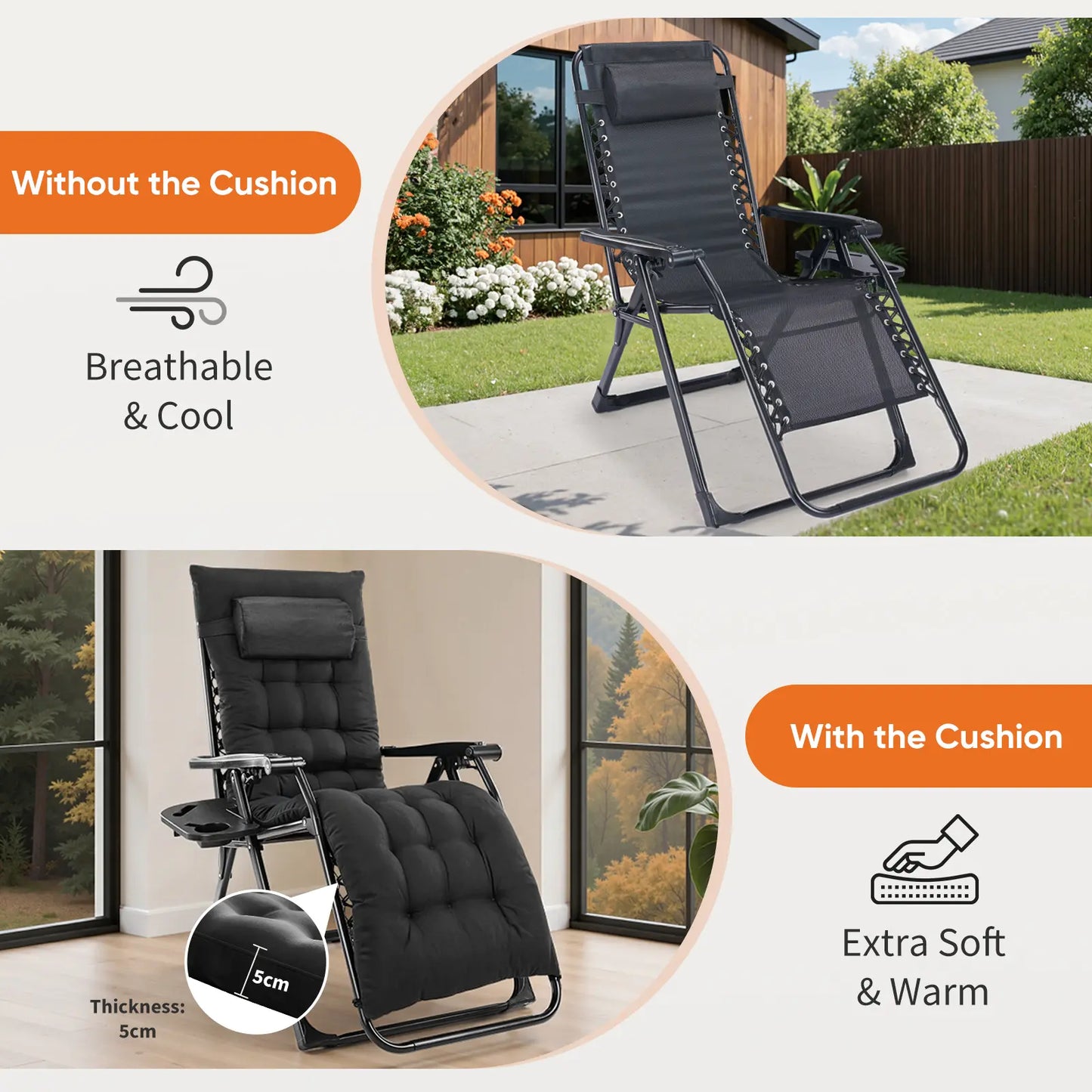 Sweetcrispy Foldable Patio Recliner Chair with Removable Cushion & Cup Holder | Indoor/Outdoor Garden Furniture Gift